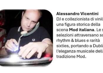 Alessandro Vicentini è da anni un punto di riferimento della scena Mod italiana. Le sue selezioni spaziano tra soul, rhythm & blues e preziose rarità degli anni Sessanta, portando a Dublino lo stile e la raffinatezza della tradizione musicale Mod.