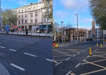 La centralissima O’Connell Street sgomberata questa mattina dai manifestanti. Le strade circostanti vengono chiuse con barriere metalliche, per impedire l’accesso ad altri veicoli e contenere la protesta