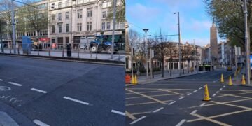 La centralissima O’Connell Street sgomberata questa mattina dai manifestanti. Le strade circostanti vengono chiuse con barriere metalliche, per impedire l’accesso ad altri veicoli e contenere la protesta