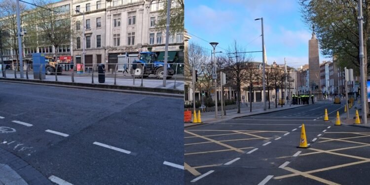 La centralissima O’Connell Street sgomberata questa mattina dai manifestanti. Le strade circostanti vengono chiuse con barriere metalliche, per impedire l’accesso ad altri veicoli e contenere la protesta