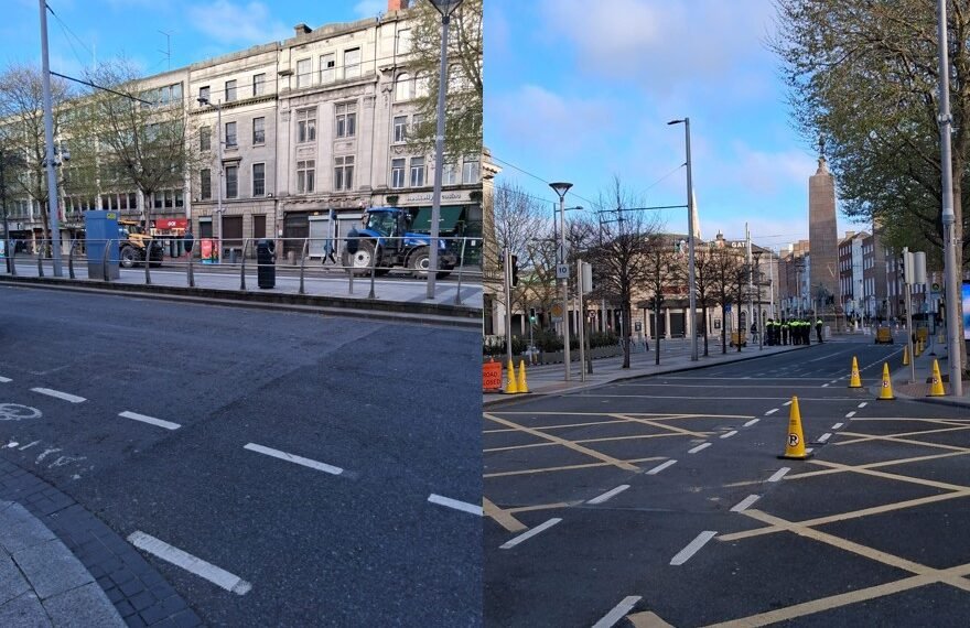 La centralissima O’Connell Street sgomberata questa mattina dai manifestanti. Le strade circostanti vengono chiuse con barriere metalliche, per impedire l’accesso ad altri veicoli e contenere la protesta