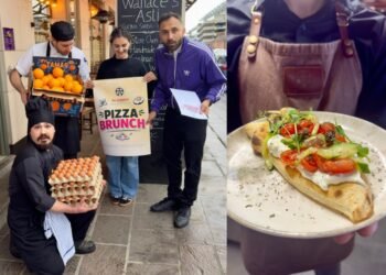 Lo staff di Wallace’s Asti davanti al ristorante. In piedi: Head Chef Michele Libardi, Matilde Cerruti, Andrea Savignano. In primo piano: Sous Chef Willy Pellone. In fianco il Pizza Brunch.