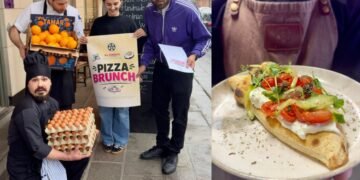Lo staff di Wallace’s Asti davanti al ristorante. In piedi: Head Chef Michele Libardi, Matilde Cerruti, Andrea Savignano. In primo piano: Sous Chef Willy Pellone. In fianco il Pizza Brunch.