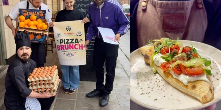 Lo staff di Wallace’s Asti davanti al ristorante. In piedi: Head Chef Michele Libardi, Matilde Cerruti, Andrea Savignano. In primo piano: Sous Chef Willy Pellone. In fianco il Pizza Brunch.