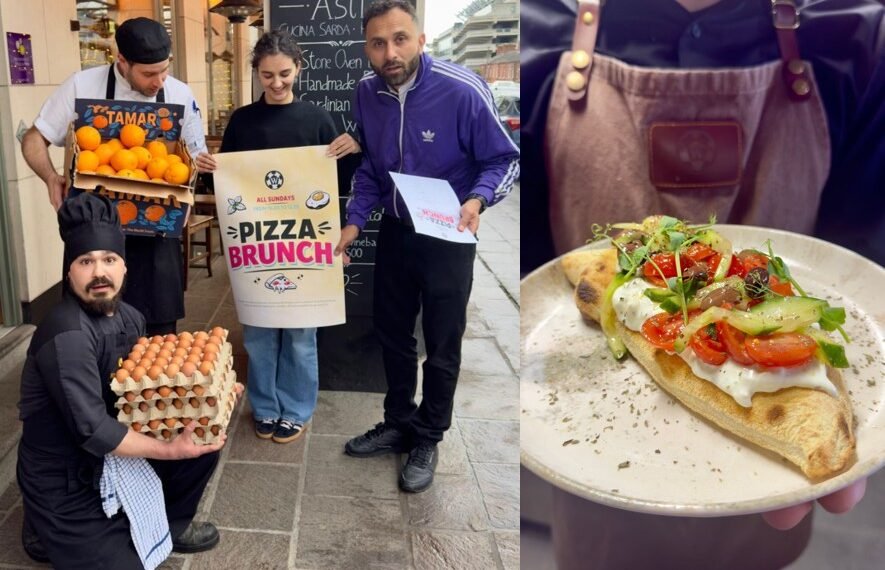 Lo staff di Wallace’s Asti davanti al ristorante. In piedi: Head Chef Michele Libardi, Matilde Cerruti, Andrea Savignano. In primo piano: Sous Chef Willy Pellone. In fianco il Pizza Brunch.