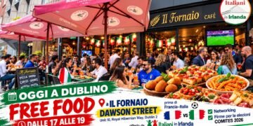 Italiani a Il Fornaio di Dawson Street, nel cuore di Dublino. L’aperitivo promosso da «Italiani in Irlanda» riunisce la comunità italiana prima di Francia–Italia, tra networking e raccolta firme per le elezioni COMITES Irlanda 2026.