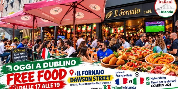 Italiani a Il Fornaio di Dawson Street, nel cuore di Dublino. L’aperitivo promosso da «Italiani in Irlanda» riunisce la comunità italiana prima di Francia–Italia, tra networking e raccolta firme per le elezioni COMITES Irlanda 2026.