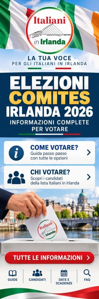 Banner informativo Elezioni COMITES Irlanda 2026 della lista Italiani in Irlanda, con guida su come votare e informazioni sui candidati.